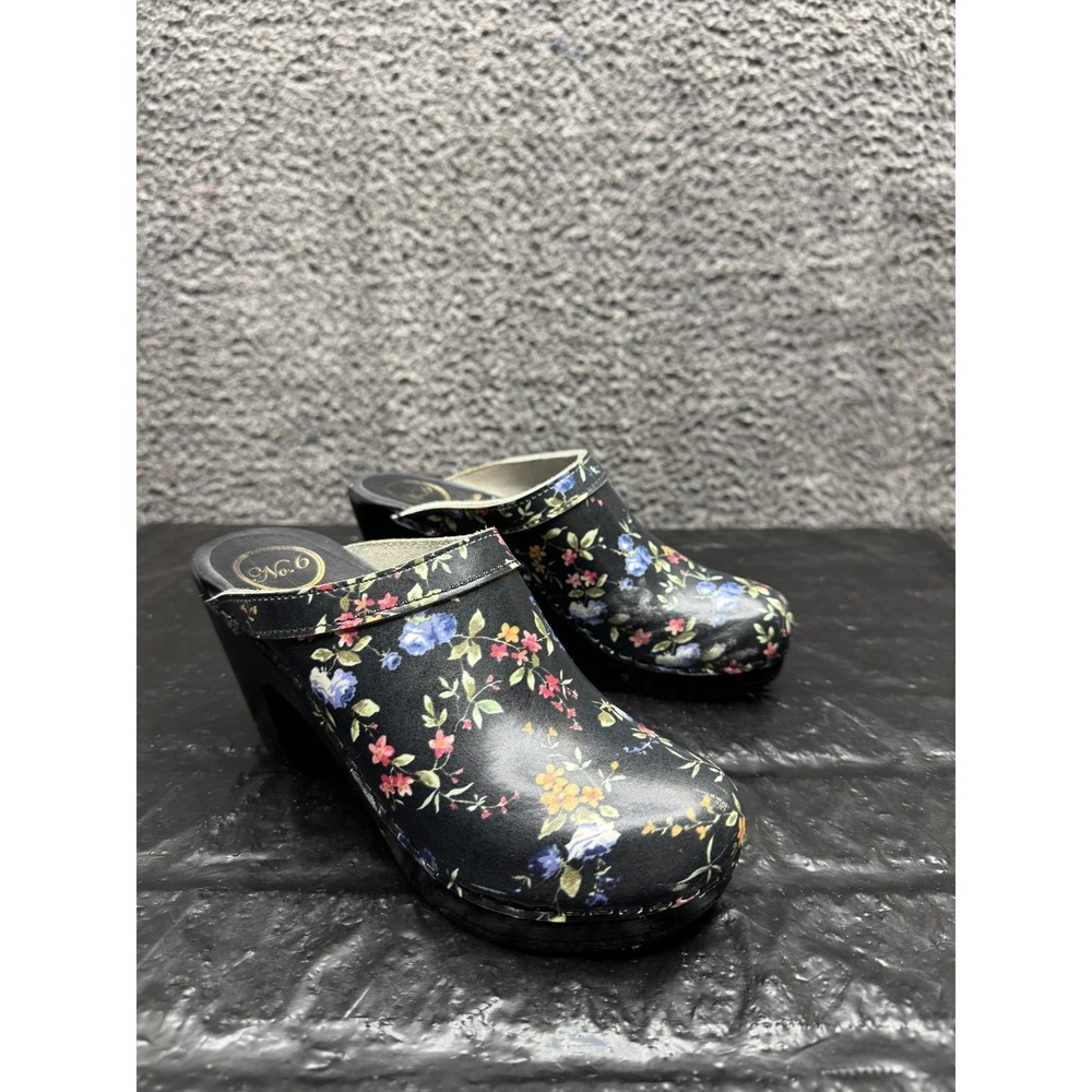 No. 6 Floral Leather Slip On High Heel Platform Clogs Black Womens Size 36 EU
